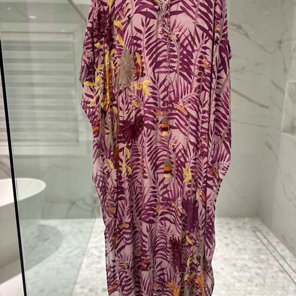 Taj by Sabrina Crippa Beautiful Beaded Lilac Palm Leaf Silk Kaftan -NWT - Picture 10 of 16